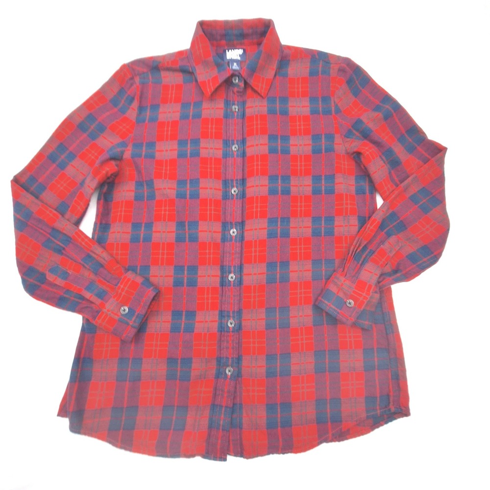 Lands End Flannel Shirt Womens Medium Red Navy Plaid Long Sleeve Button Down